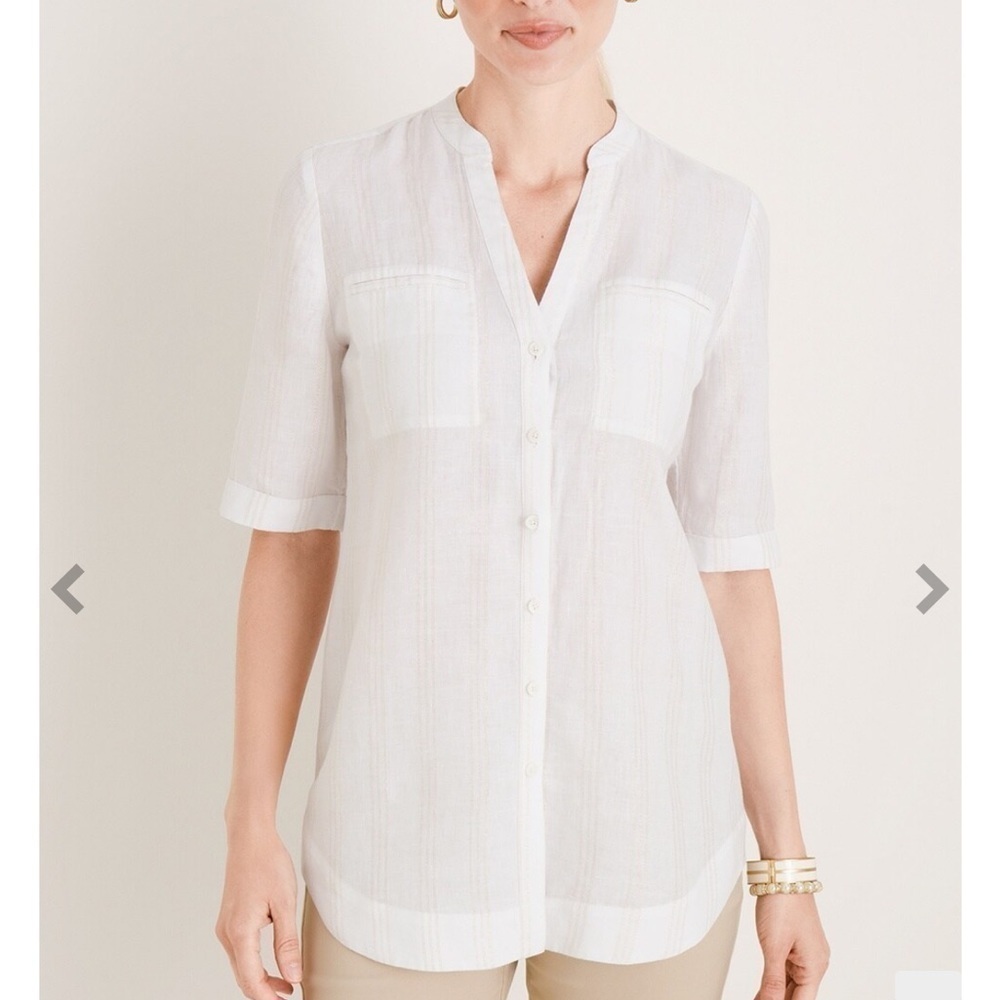 Chico’s Metallic Stripe Camp Shirt White Linen Short Sleeve Button Down Sz 12/14